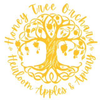 Honey Tree Orchard logo: a tree with apples and dripping honey
