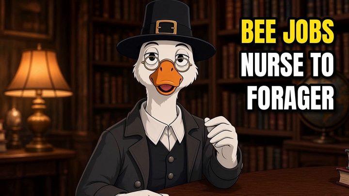 Professor Gideon Gander, a pilgrim goose, in a study full of books