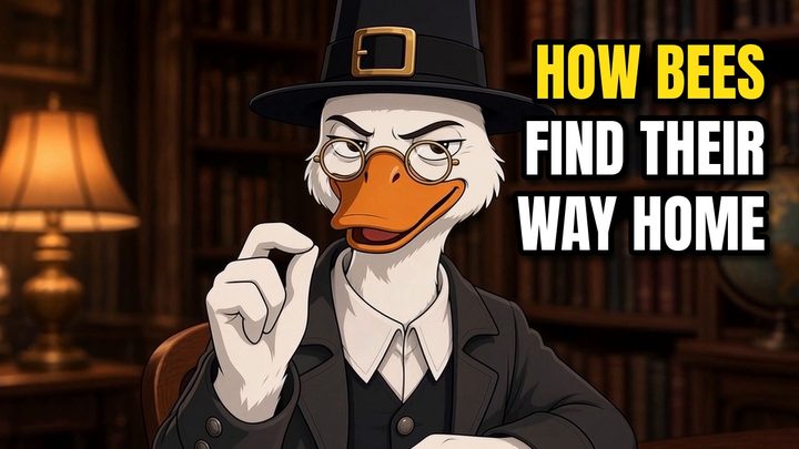 Professor Gideon Gander, a pilgrim goose, in a study full of books