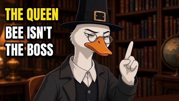 Professor Gideon Gander, a pilgrim goose, in a study full of books